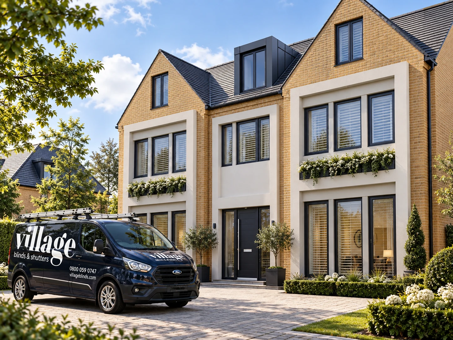 Derrianna Culmore Road new homes exterior with a Village Blinds and Shutters van outside