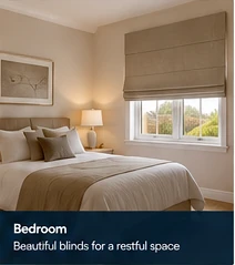 Illustrative bedroom at Derryad Country Park with a tailored Roman blind and soft neutral finishes.