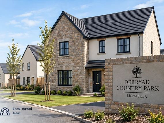 Illustrative exterior of a modern stone and render detached home at Derryad Country Park in Lisnaskea.