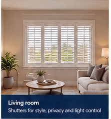 Illustrative bright living room at Derryad Country Park with white plantation shutters and a calm neutral interior.