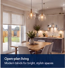 Illustrative open-plan kitchen and dining space at Derryad Country Park with wide glazing and a light neutral blind.