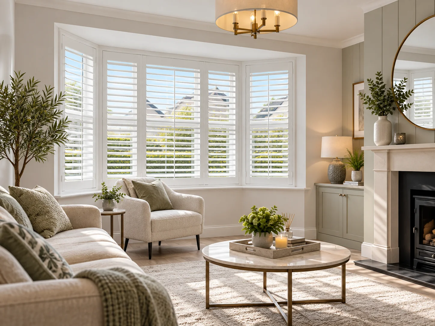 Elder Vale Ballyclare Blinds and white plantation shutters in a bay window