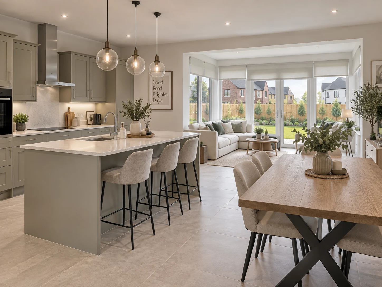 Enlerbank Comber blinds – roller blinds across a modern kitchen, dining area and garden room