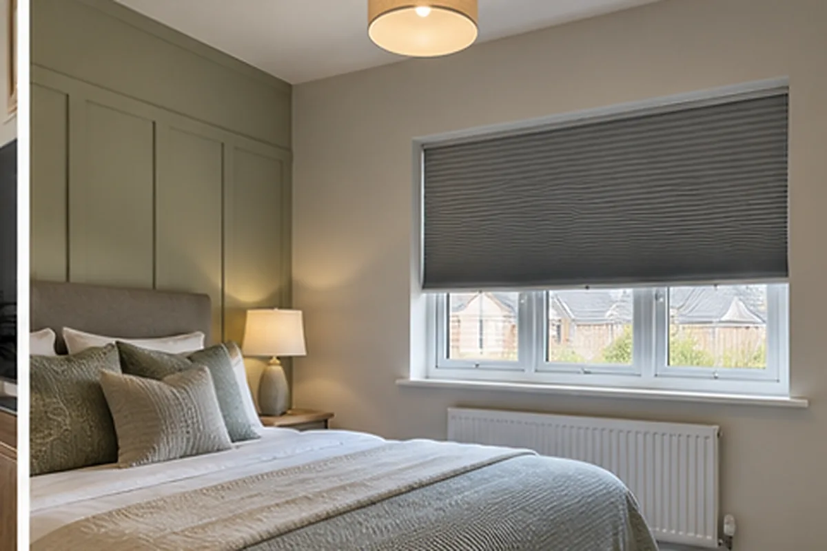 Neutral new-build bedroom with a cellular blind fitted for privacy and light control.