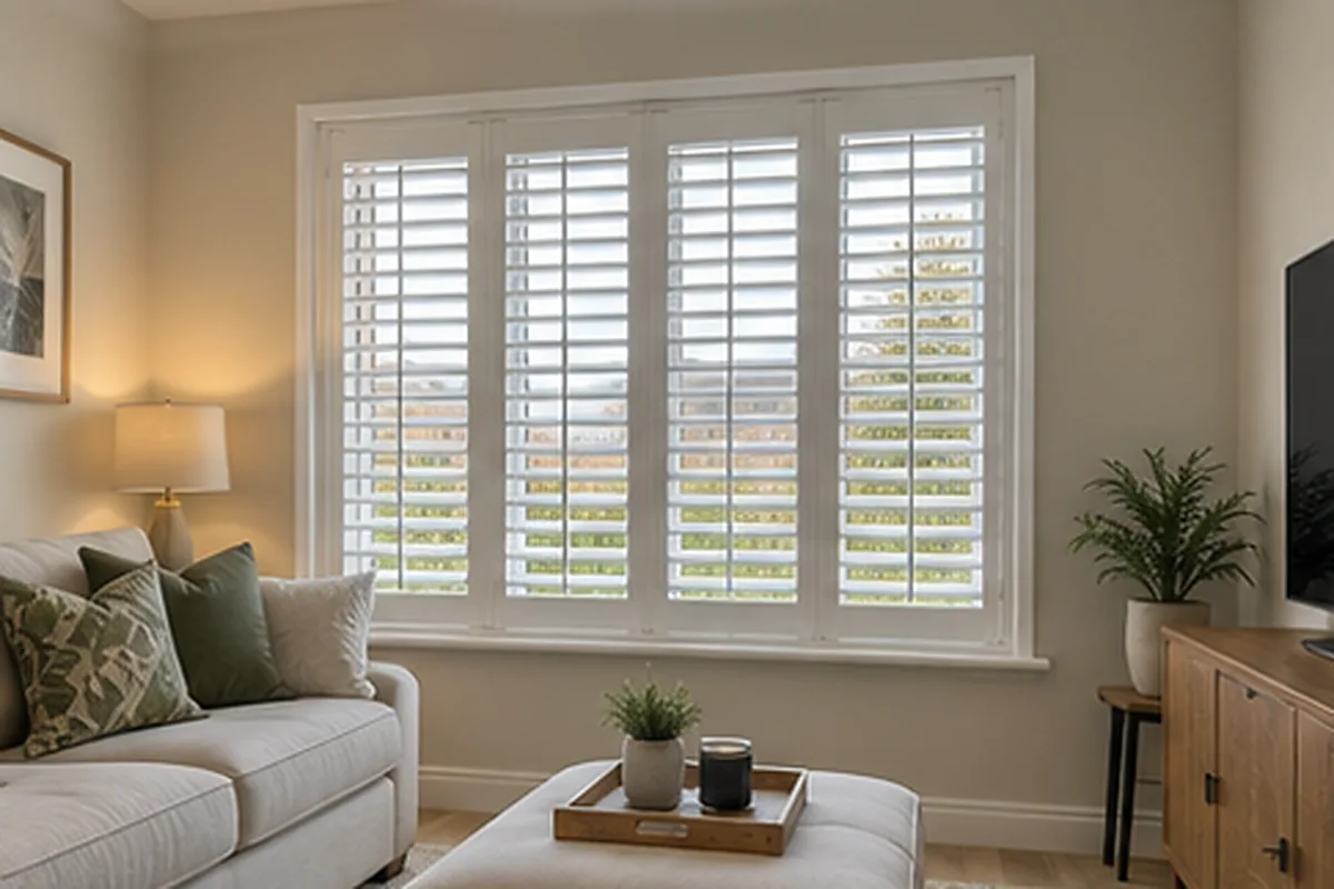 Bright Hampshire Hall style living room with white plantation shutters fitted to a wide window.