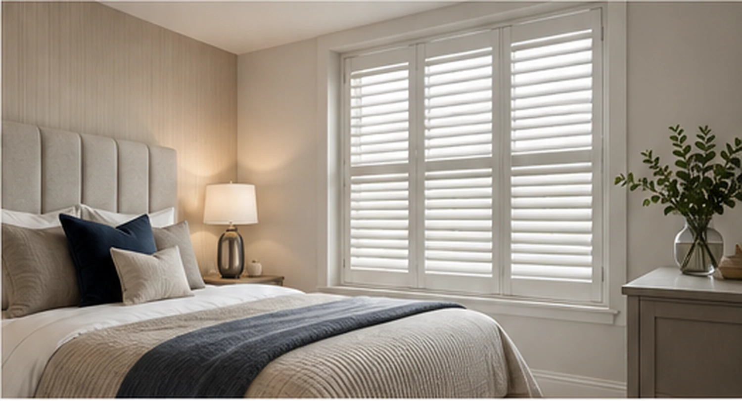 Ultra-realistic calm bedroom with white plantation shutters, illustrative of a Hartley Hall home