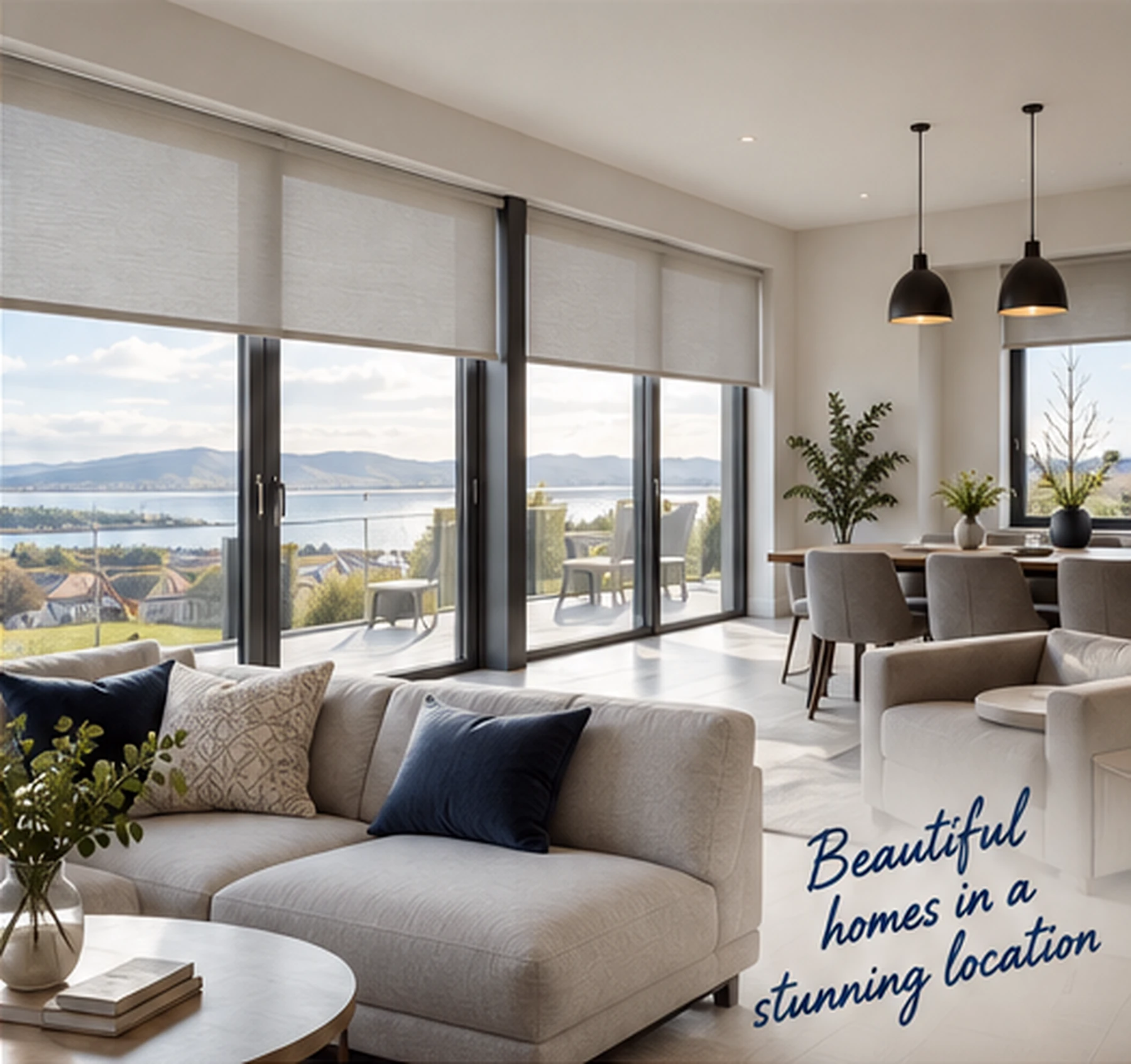Ultra-realistic bright coastal living room with large glazed doors and made-to-measure blinds, illustrative of a Hartley Hall home