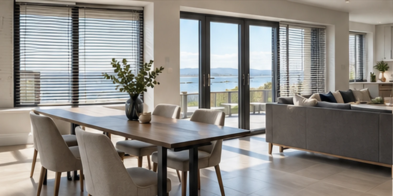 Ultra-realistic open-plan dining and living space with large windows and modern blinds, illustrative of a Hartley Hall home