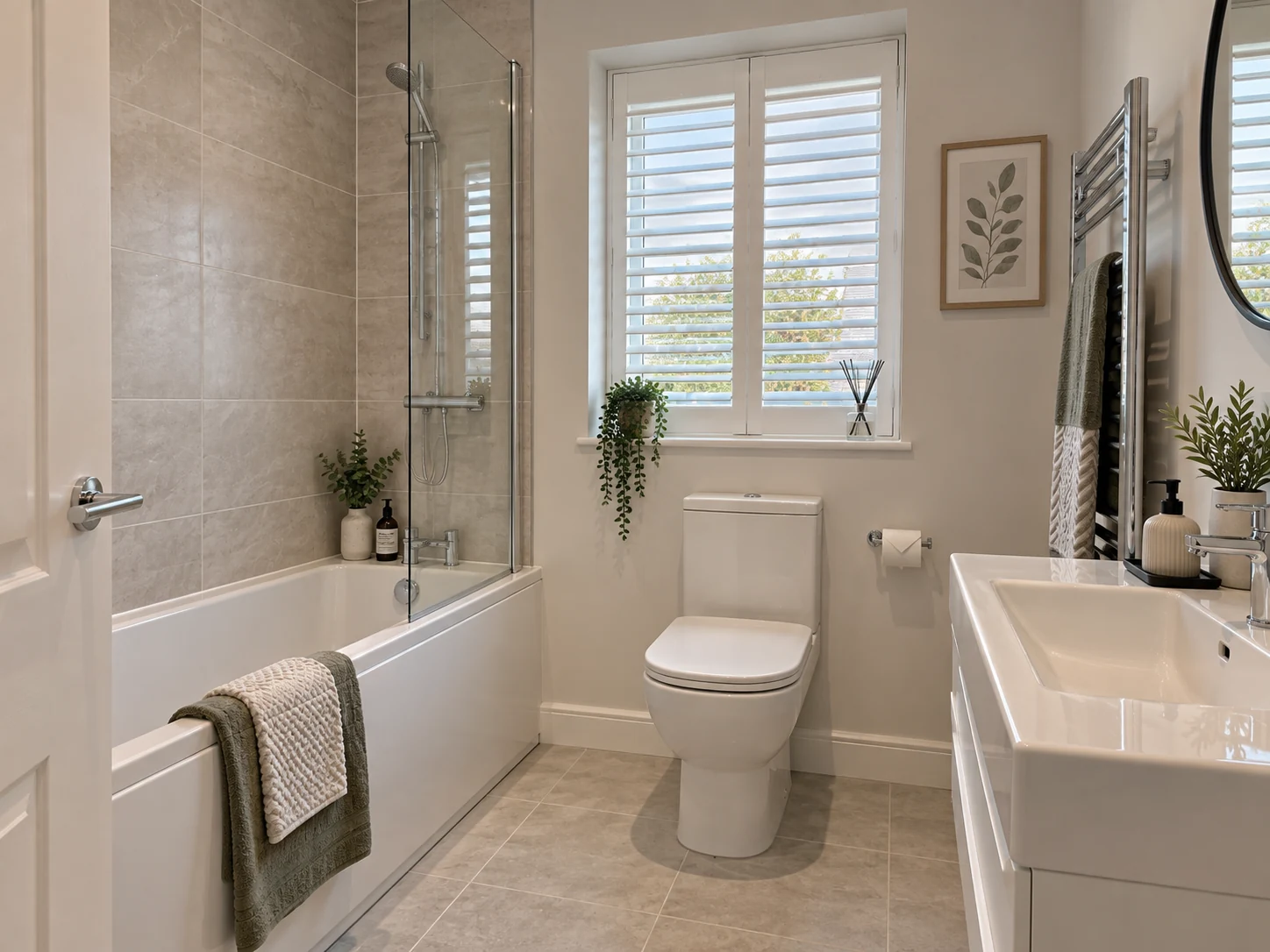 High Trees Donaghadee blinds and shutters – white plantation shutters in a contemporary bathroom