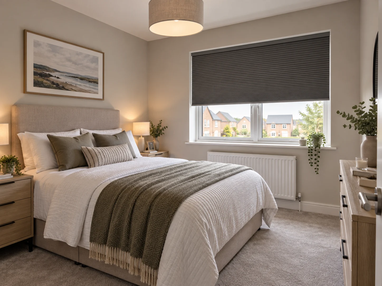 High Trees Donaghadee blinds and shutters – blackout cellular blind in a calm contemporary bedroom