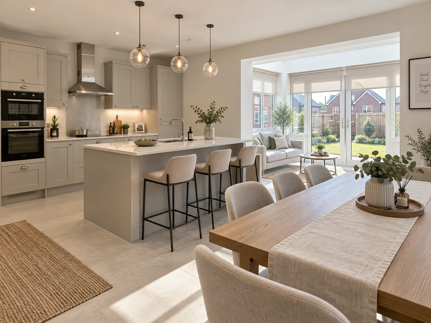 High Trees Donaghadee blinds and shutters – roller blinds in a modern open-plan kitchen, dining area and sunroom