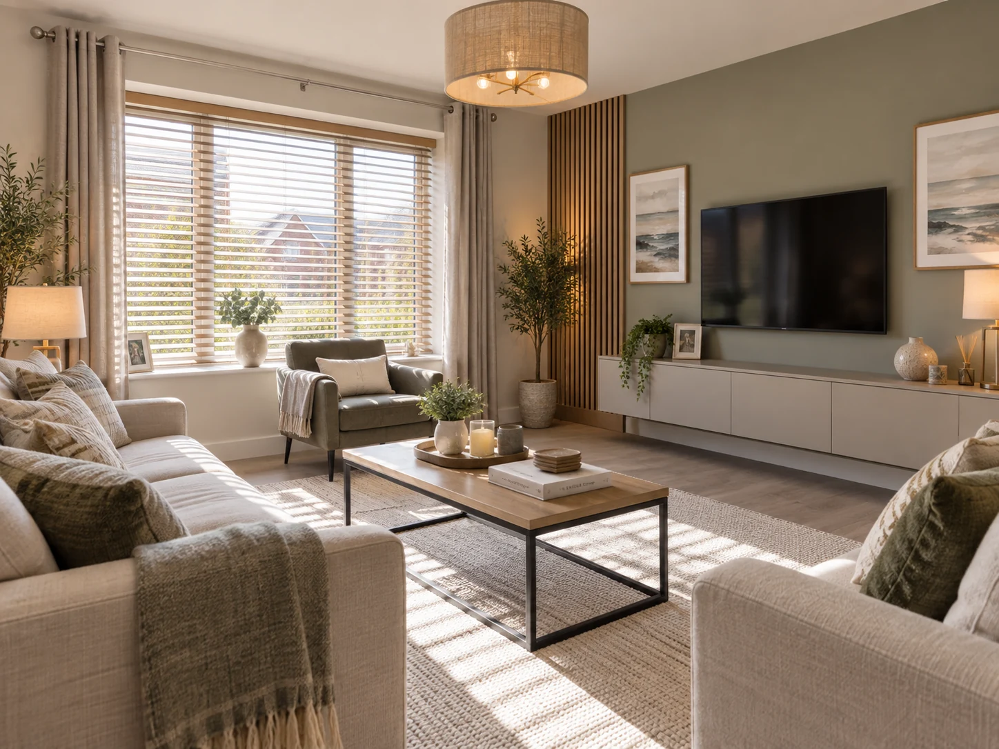 High Trees Donaghadee blinds and shutters – wooden Venetian blinds in a bright contemporary living room