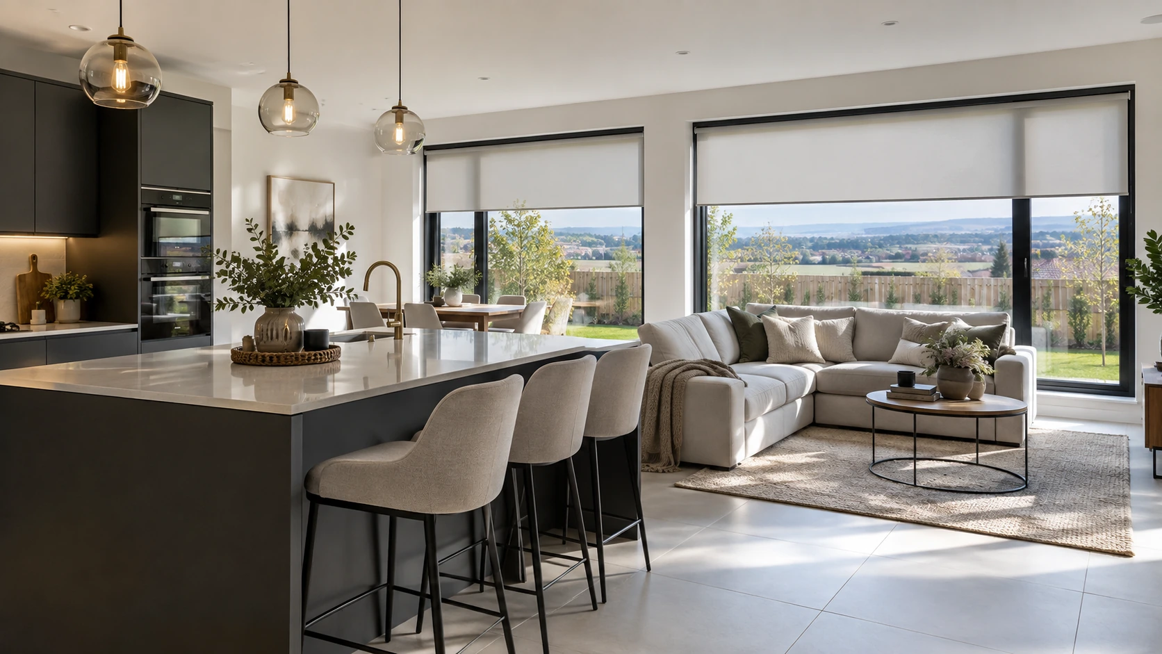 Open-plan family living space in a Hydepark Gate house with large windows and practical roller blinds.