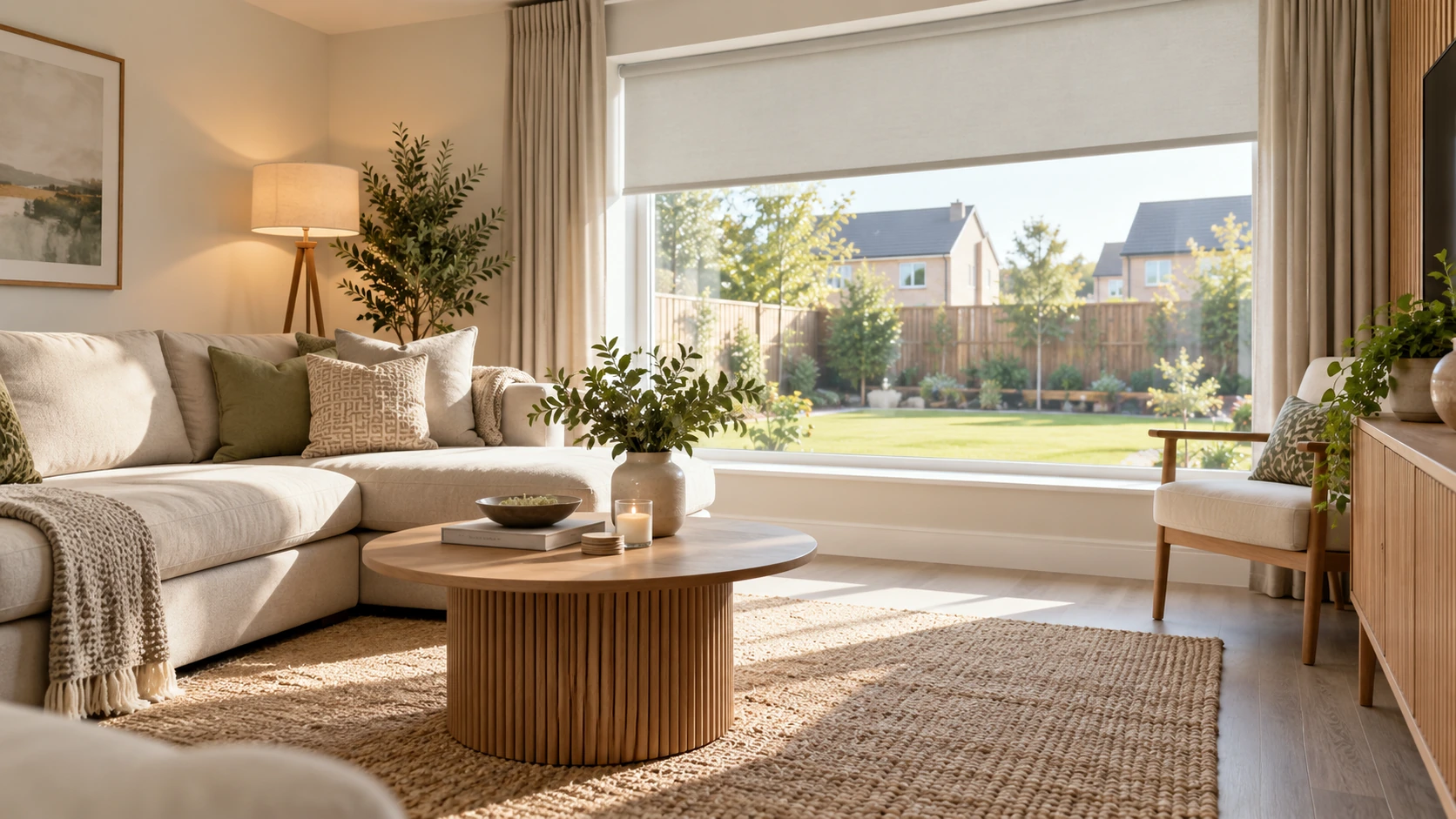 Bright contemporary living room in a Hydepark Gate home with a wide made-to-measure roller blind and a calm neutral finish.