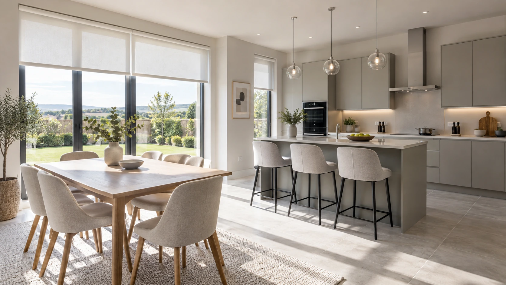 Bright open-plan kitchen diner in a Hydepark Gate house with made-to-measure roller blinds and garden doors.