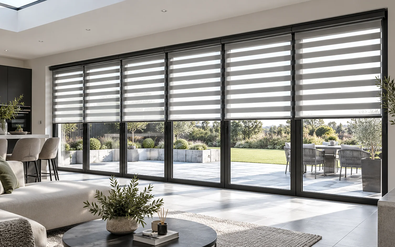 Large glazed doors fitted with Day and Night blinds in a contemporary open-plan living space