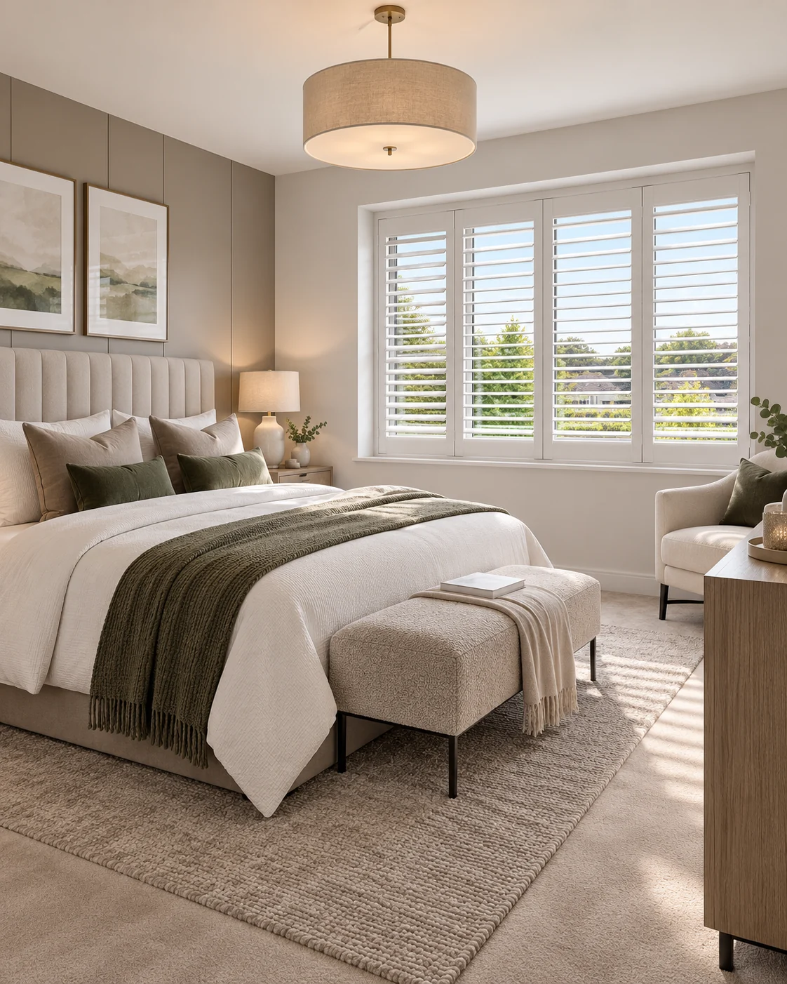 Illustrative Linen Grove bedroom with a neat fitted blind, soft neutral decor and a calm new-home finish.