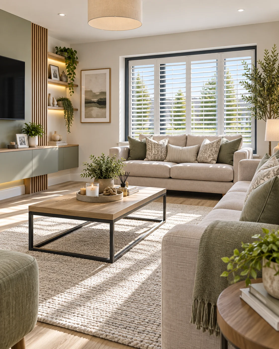 Illustrative Linen Grove living room with plantation shutters, warm neutral finishes and contemporary family-home styling.