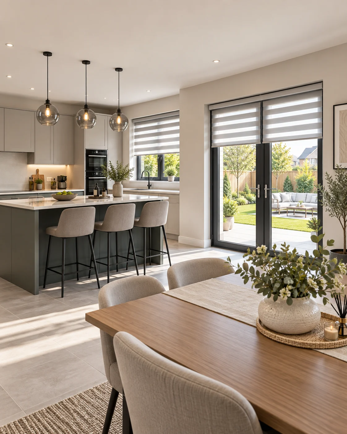 Illustrative open-plan kitchen and dining space for a Linen Grove family home with practical made-to-measure blinds.