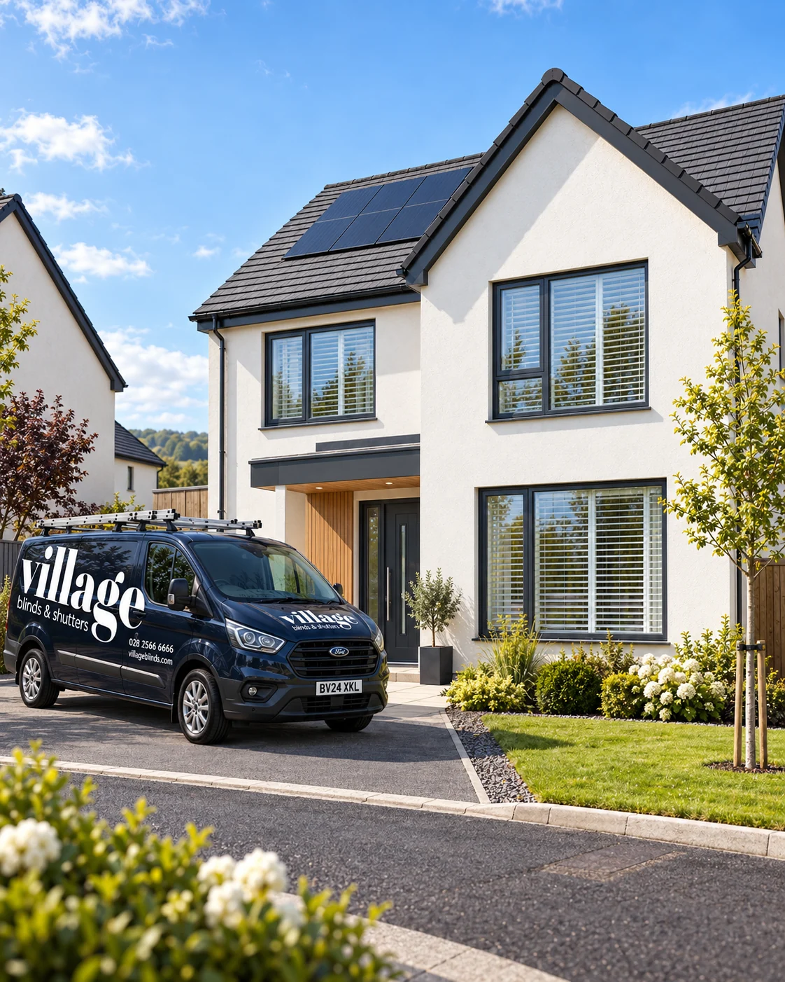 Illustrative Linen Grove-style new-build home in Drumahoe with solar panels and a Village Blinds and Shutters van outside.