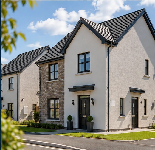 Contemporary 3 and 4 bedroom new homes with rendered and brick detailing, illustrative of Lisnacastle Gardens in Castlecaulfield.