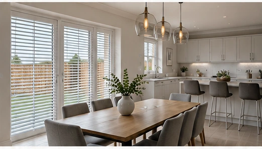 Bright modern kitchen and dining room with large windows and white shutters, illustrative of a Lisnacastle Gardens home.