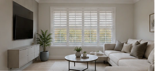 Bright family living room with white plantation shutters, illustrative of a Lisnacastle Gardens home.