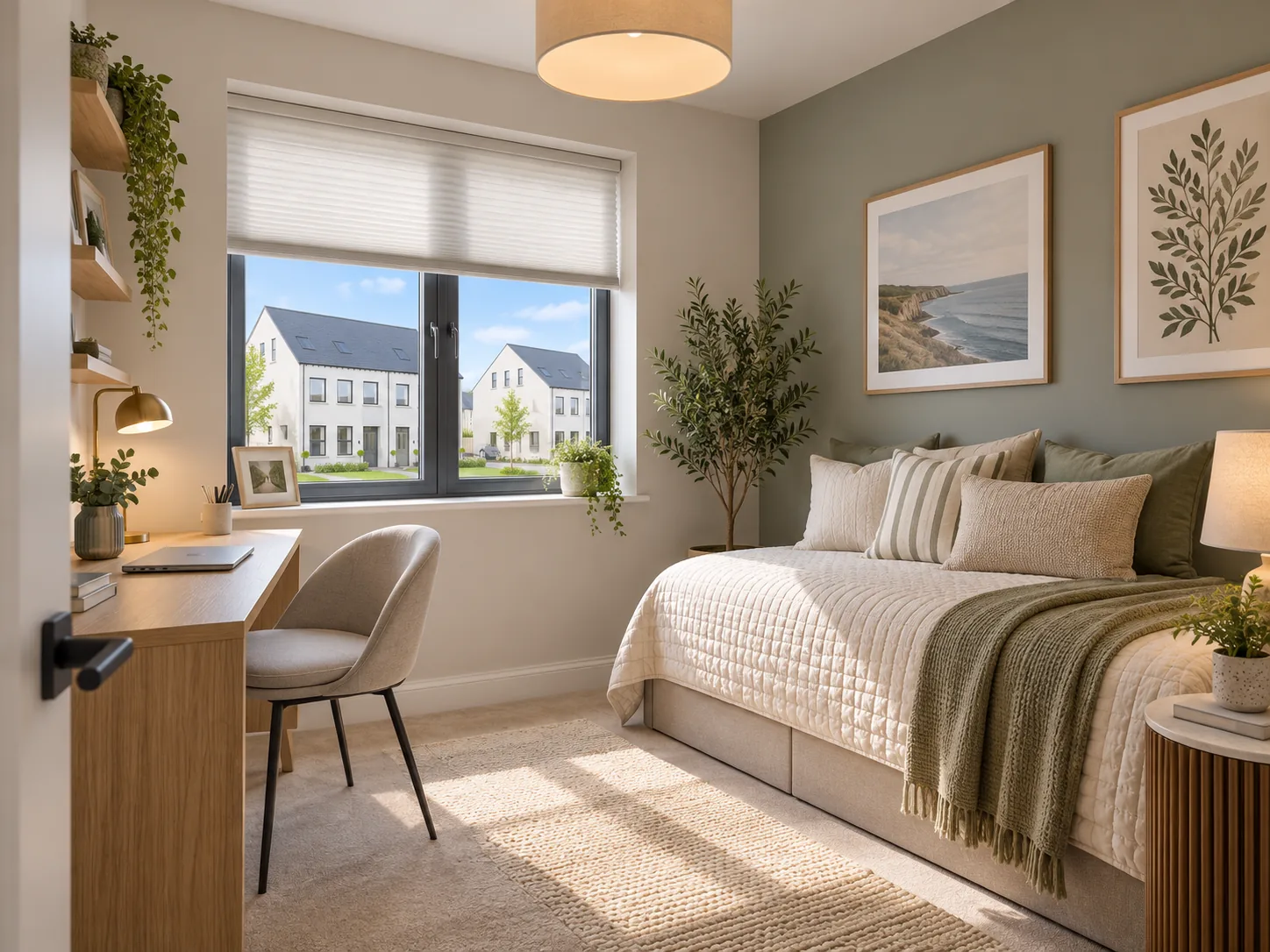 Home office and guest room with cellular blinds for privacy and glare control in a Mariners Park Ardglass style home