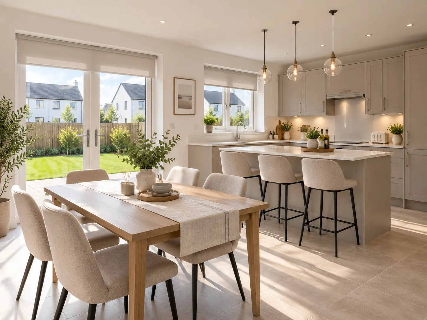 Modern kitchen diner with made-to-measure roller blinds for a Mariners Park Ardglass style new home