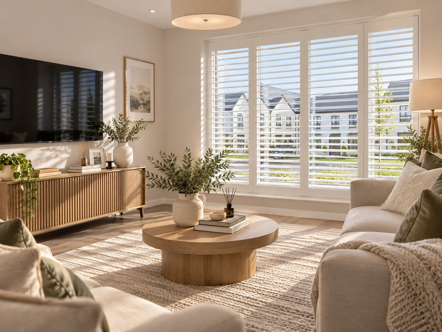 Living room with white plantation shutters illustrating a window option for Mariners Park Ardglass homes