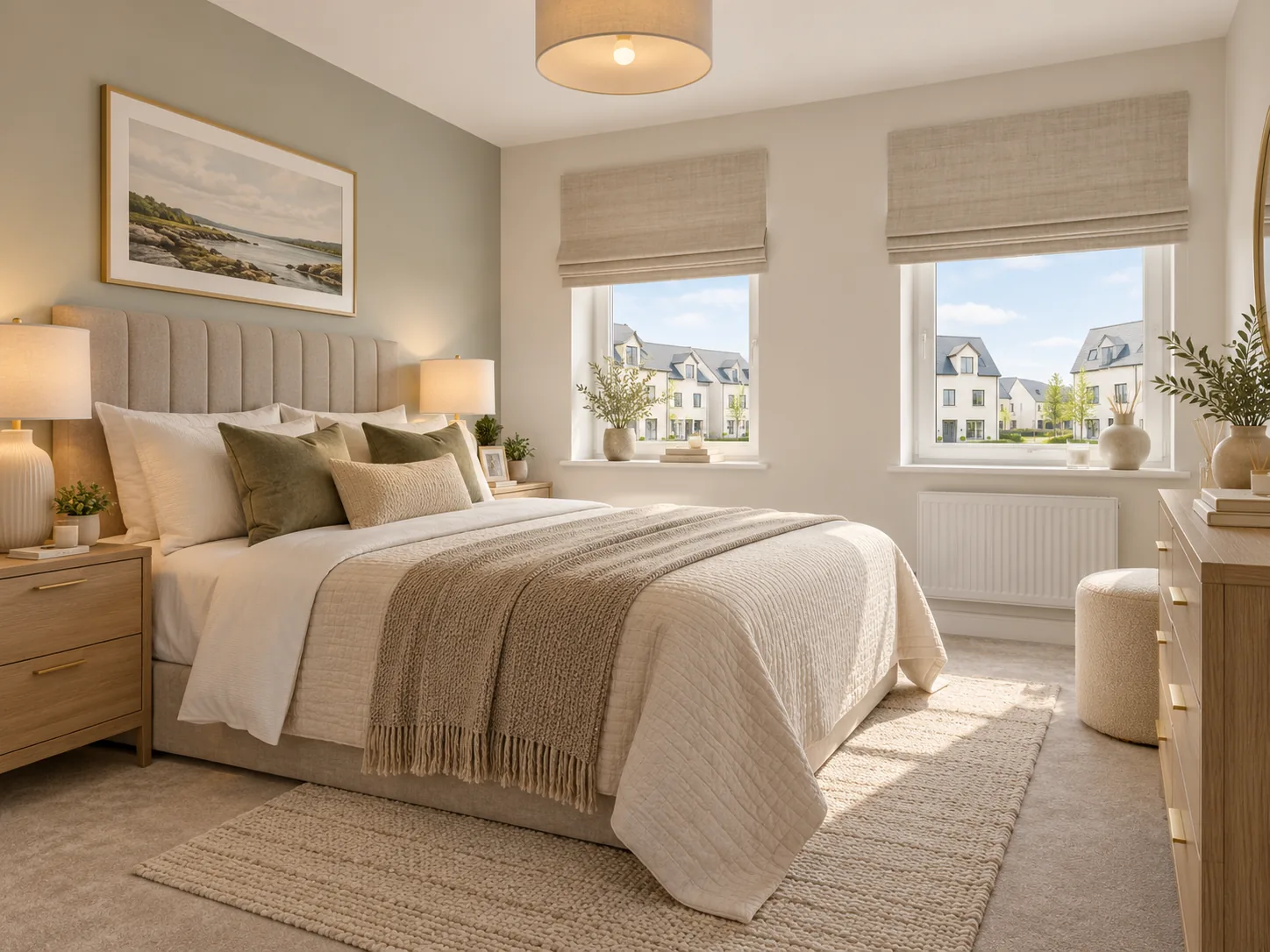 Main bedroom with blackout Roman blinds illustrating an option for Mariners Park Ardglass new homes
