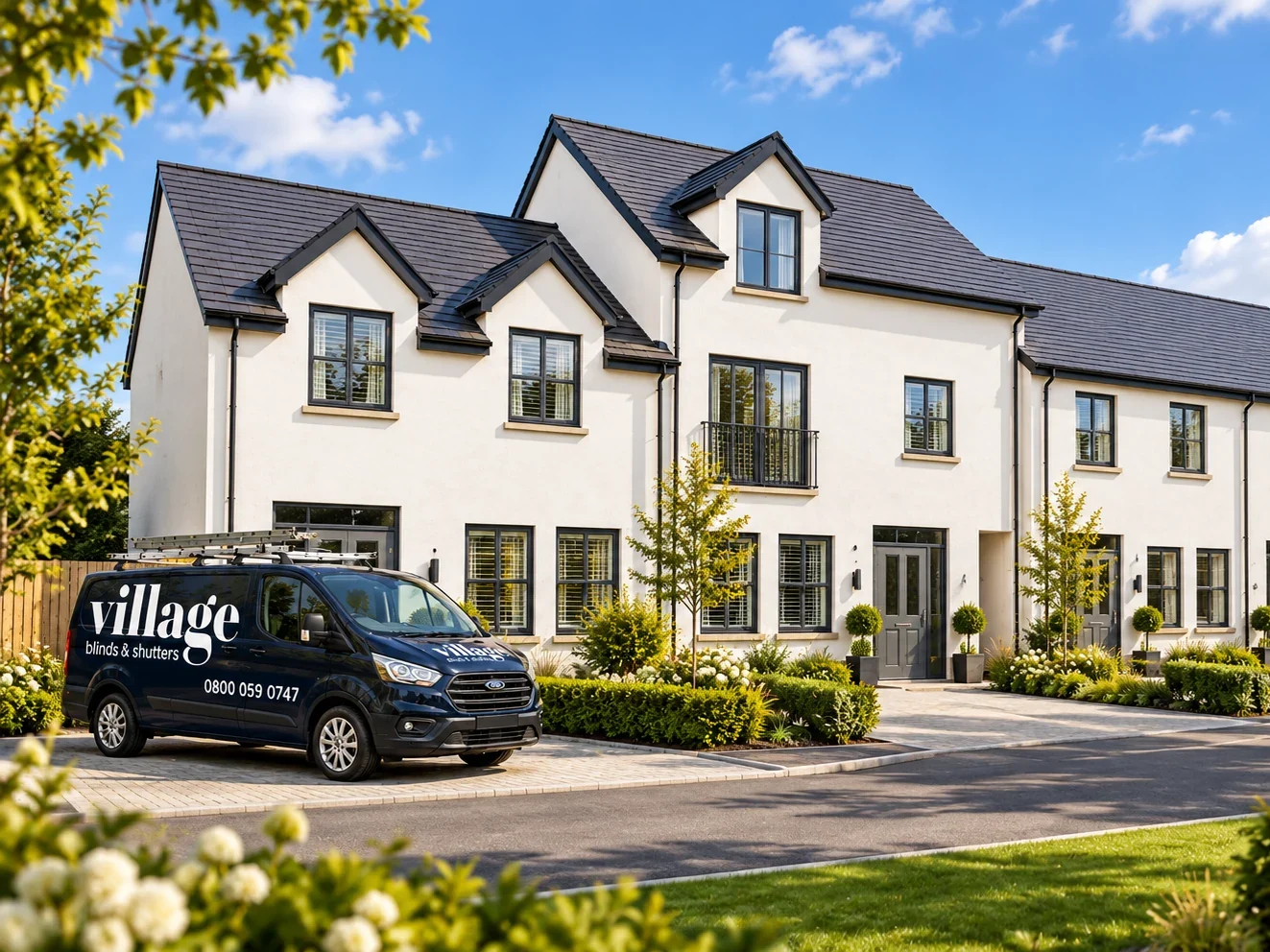 New homes at Mariners Park Ardglass with a Village Blinds and Shutters van outside the development