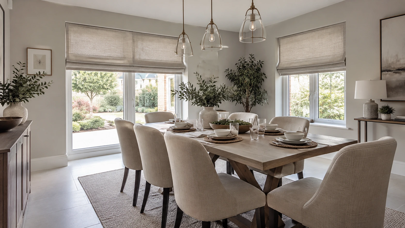 Spacious contemporary dining room in a Mealough home with wide windows and tailored Roman blinds.
