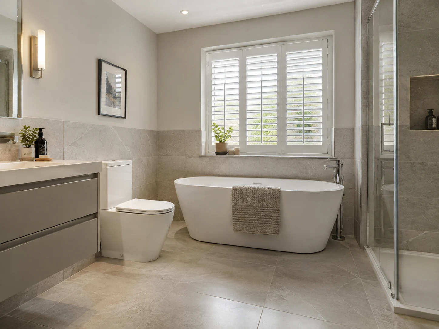Merchants Mews Lisbane blinds and shutters – white plantation shutters in a modern bathroom