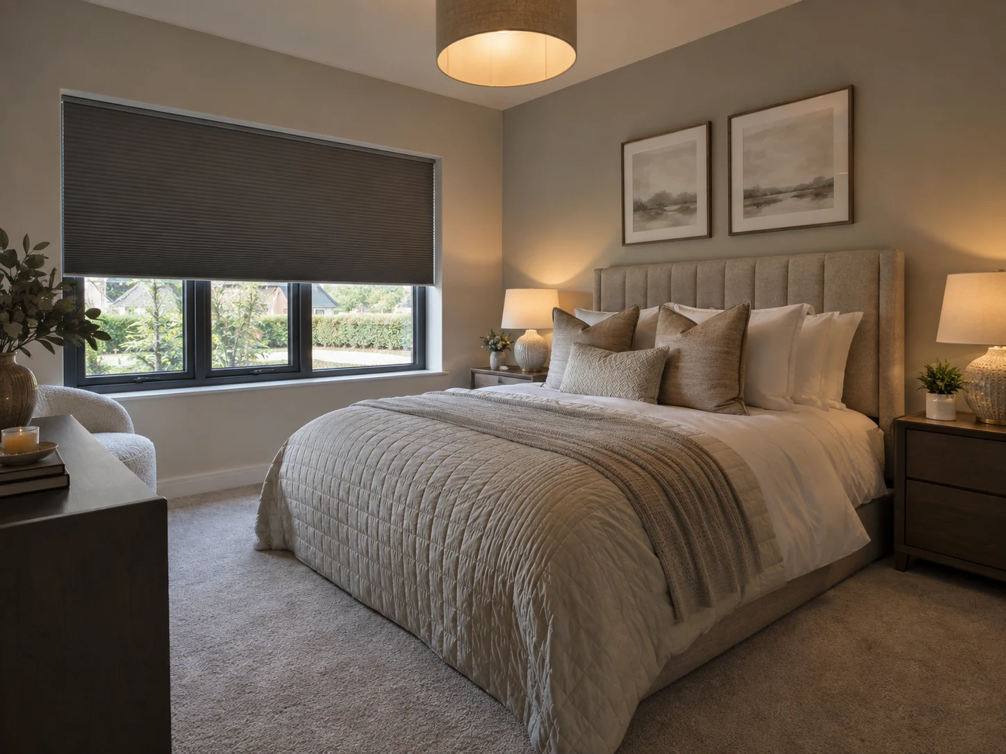 Merchants Mews Lisbane blinds and shutters – blackout cellular blinds in a calm contemporary bedroom