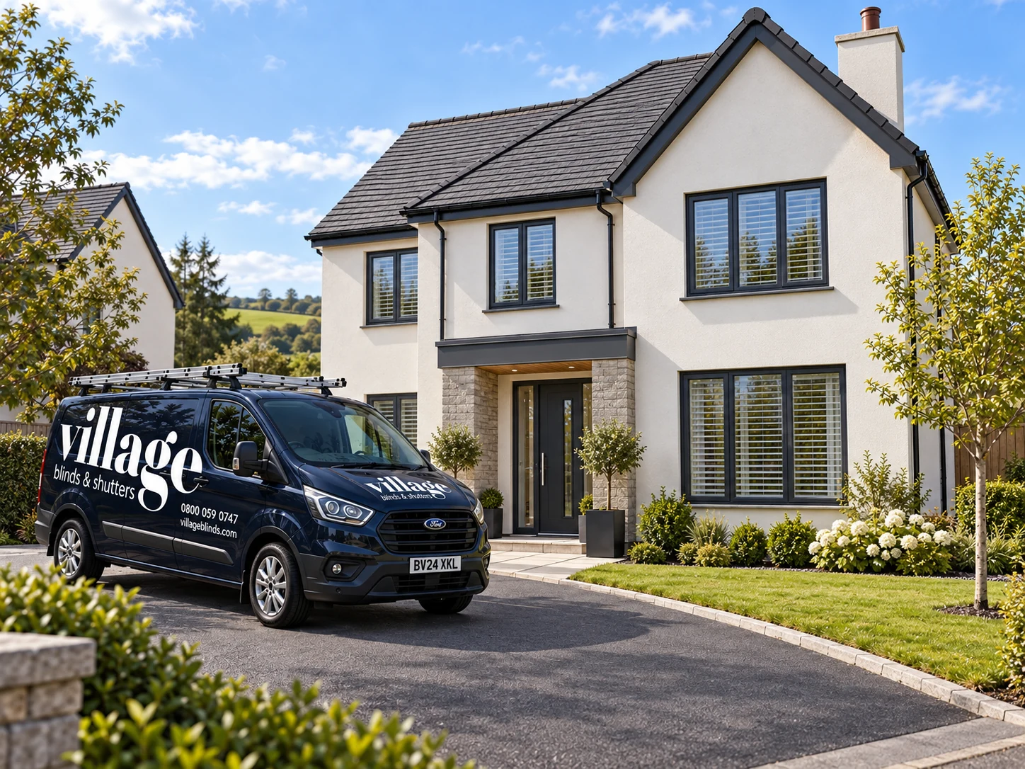 Merchants Mews Lisbane blinds and shutters – Village Blinds and Shutters van outside a detached Merchants Mews home