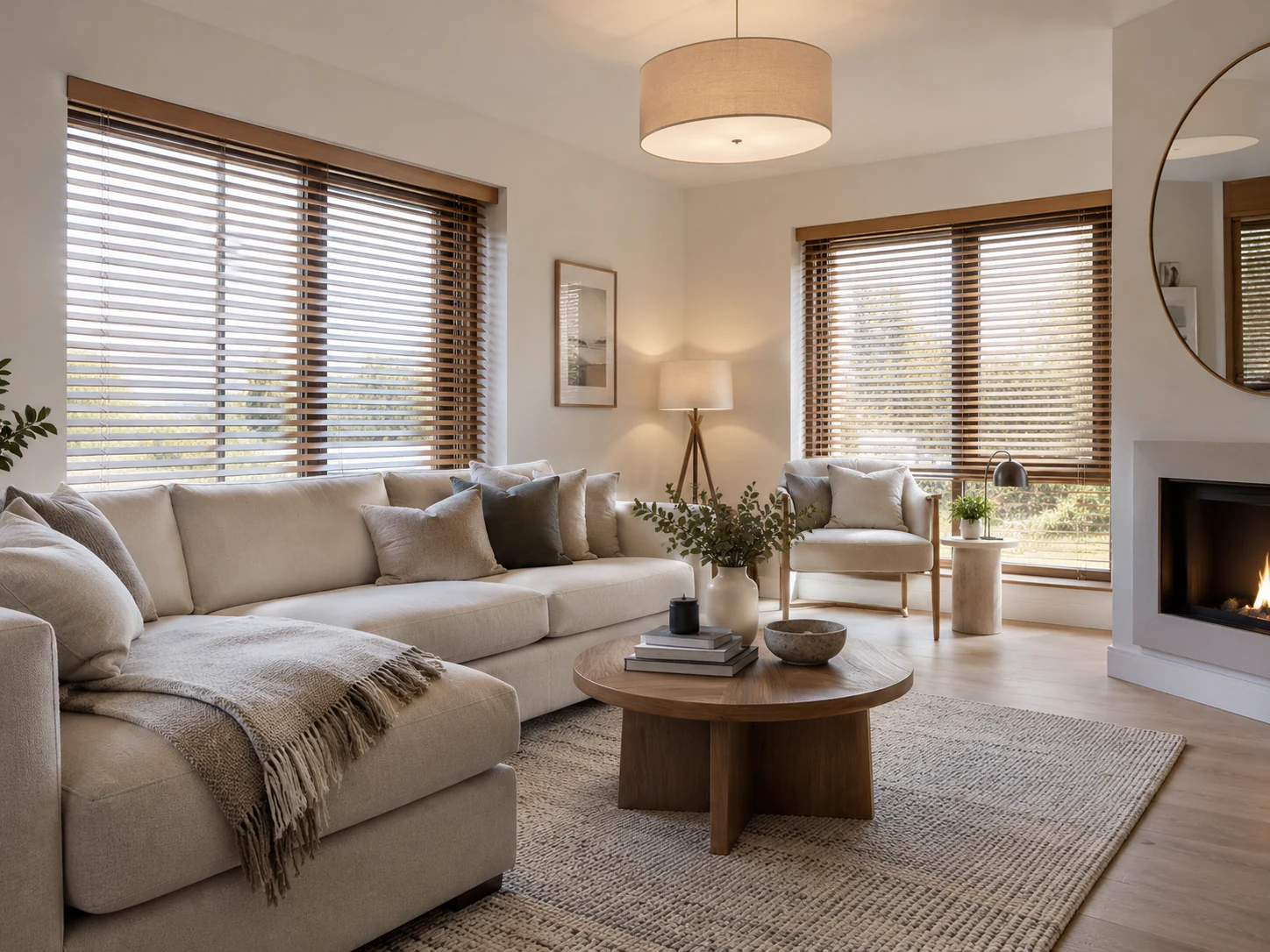 Merchants Mews Lisbane blinds and shutters – wooden Venetian blinds in a bright contemporary living room