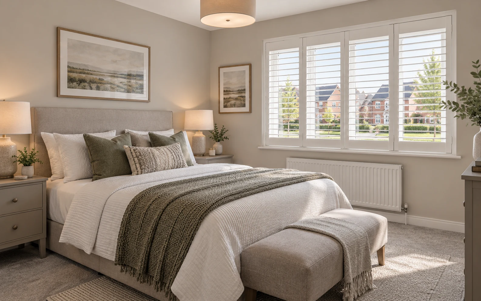 Ultra-realistic calm bedroom with white plantation shutters, illustrative of a Millmount Village home