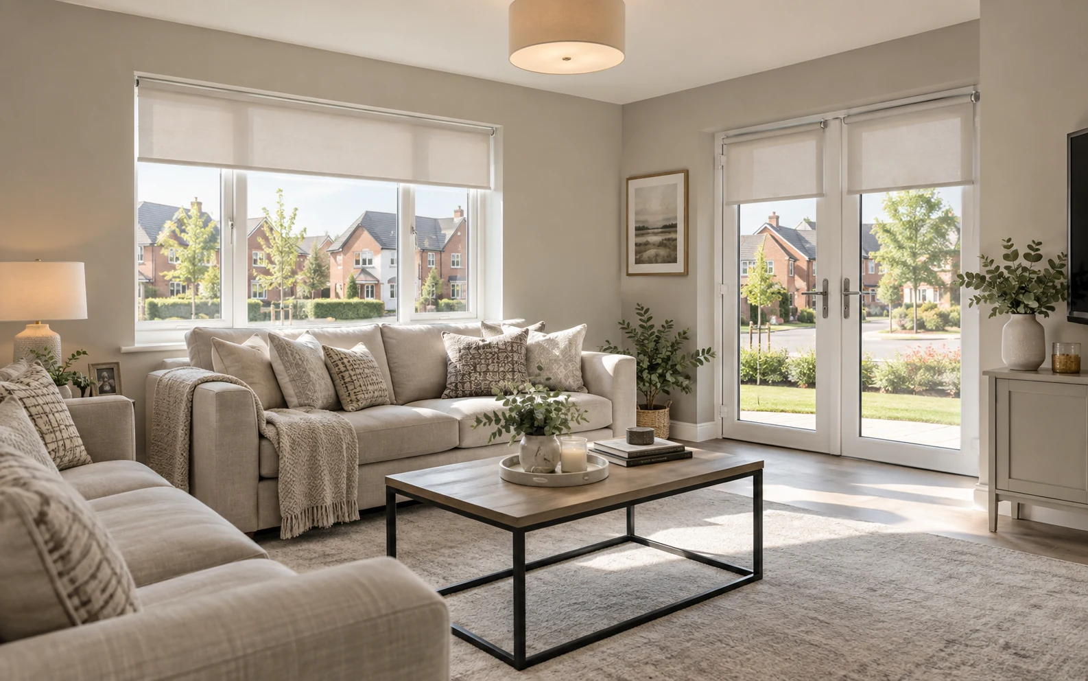 Ultra-realistic modern family living space with large garden glazing and roller blinds, illustrative of a Millmount Village home