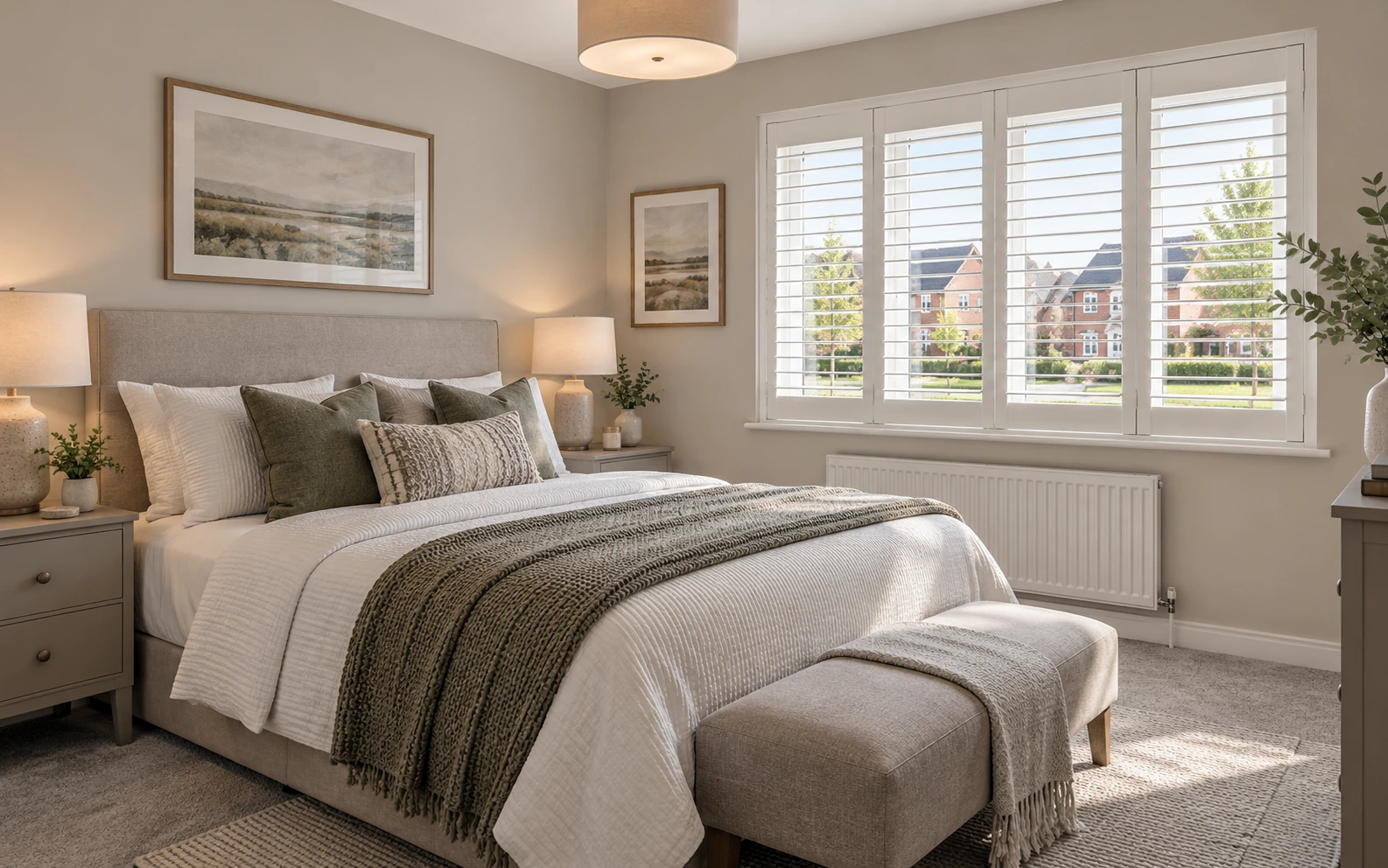 Calm neutral bedroom in a Mossfield home with white plantation shutters and soft natural light.
