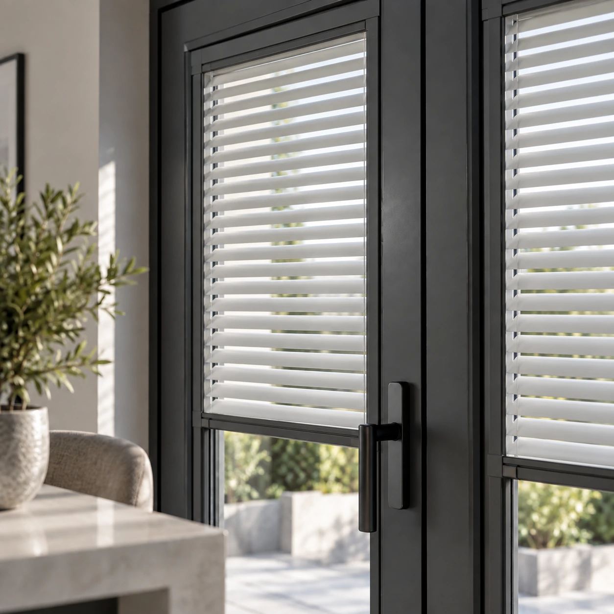 Modern glazed doors in a Mossfield home with neat frame-fitted blinds for privacy and everyday access.