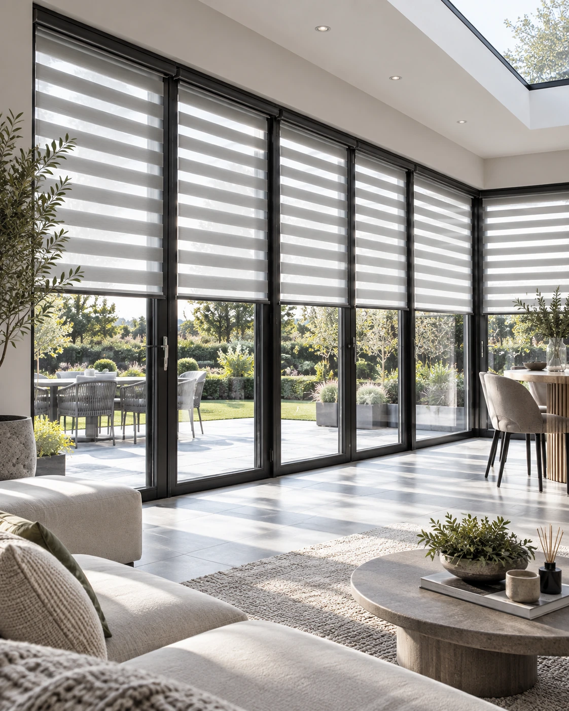 Bright contemporary living room in a Mossfield home with made-to-measure blinds and views towards the garden.