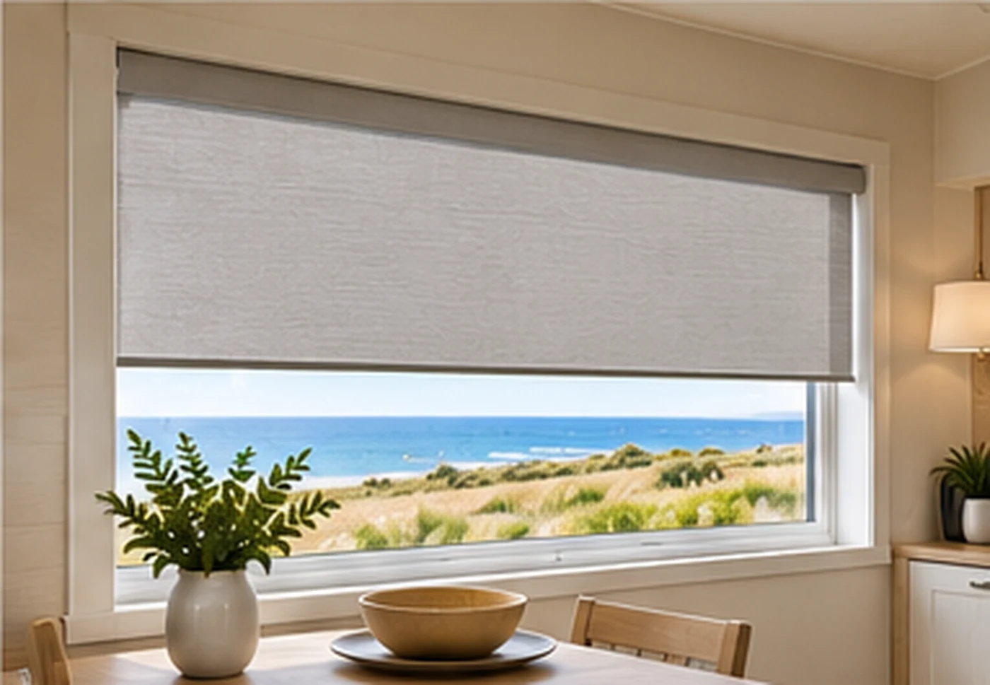 Motorised blinds fitted across wide windows in a modern static caravan lounge