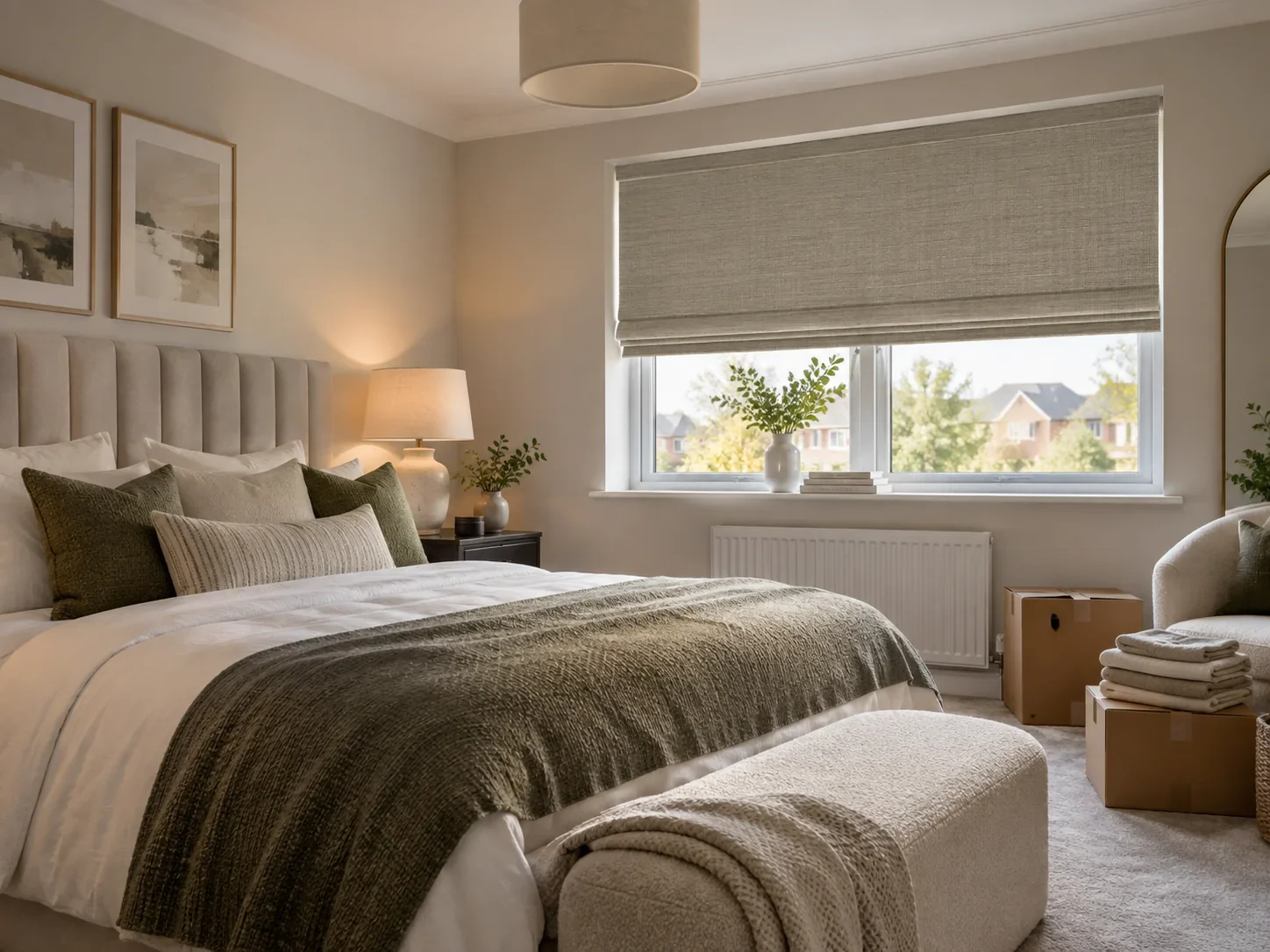 Calm new-build bedroom with stylish window treatment, illustrating bedroom privacy and blackout priorities before moving in