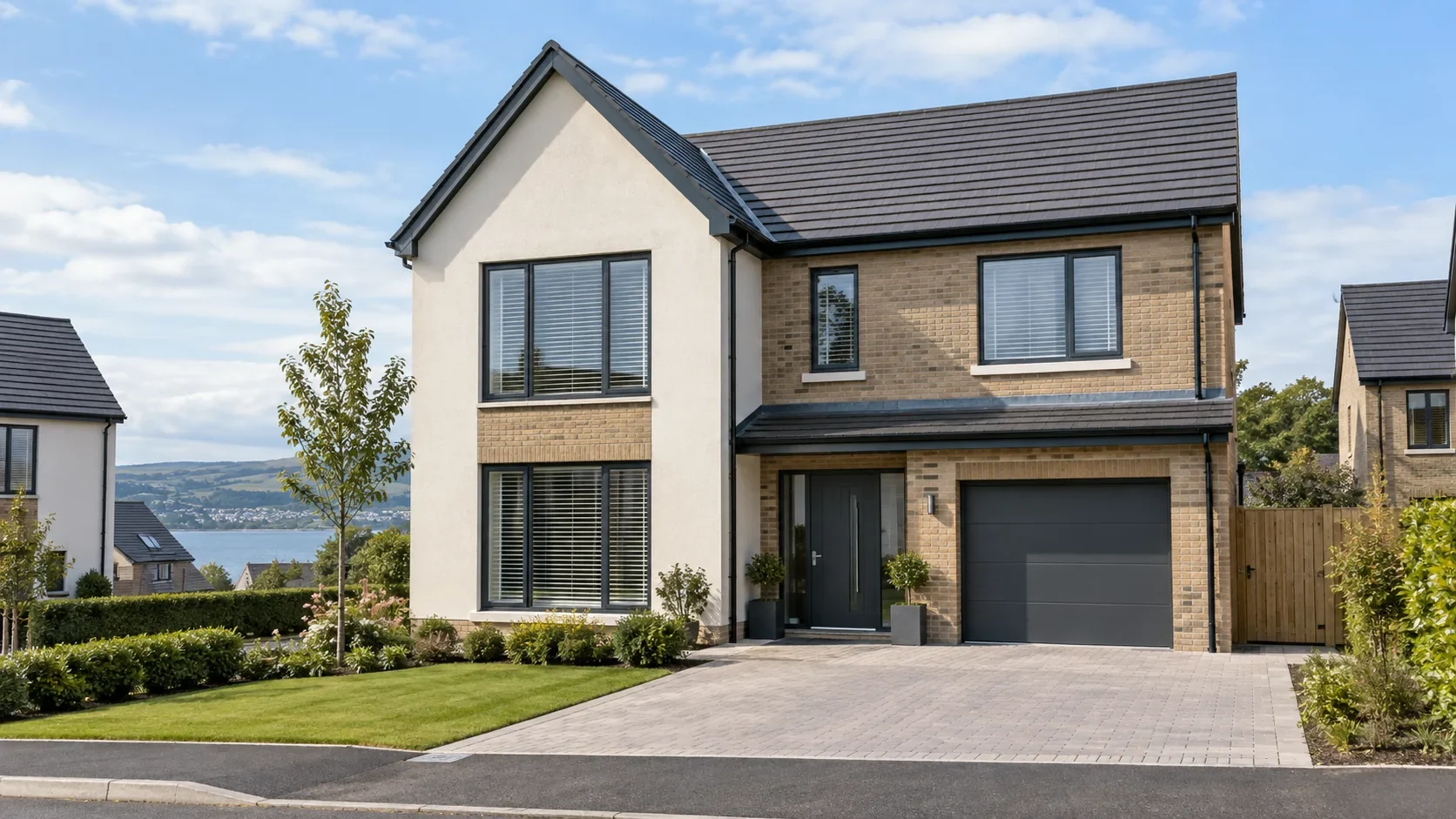 Modern new-build family home exterior with large windows, illustrating when to start planning blinds and shutters for a new-build property