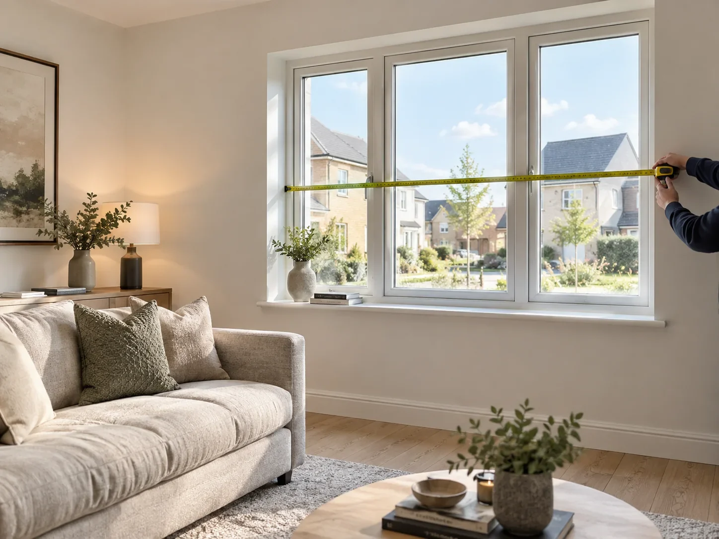 Design consultant measuring a bright living-room window in a new-build home for made-to-measure blinds and shutters