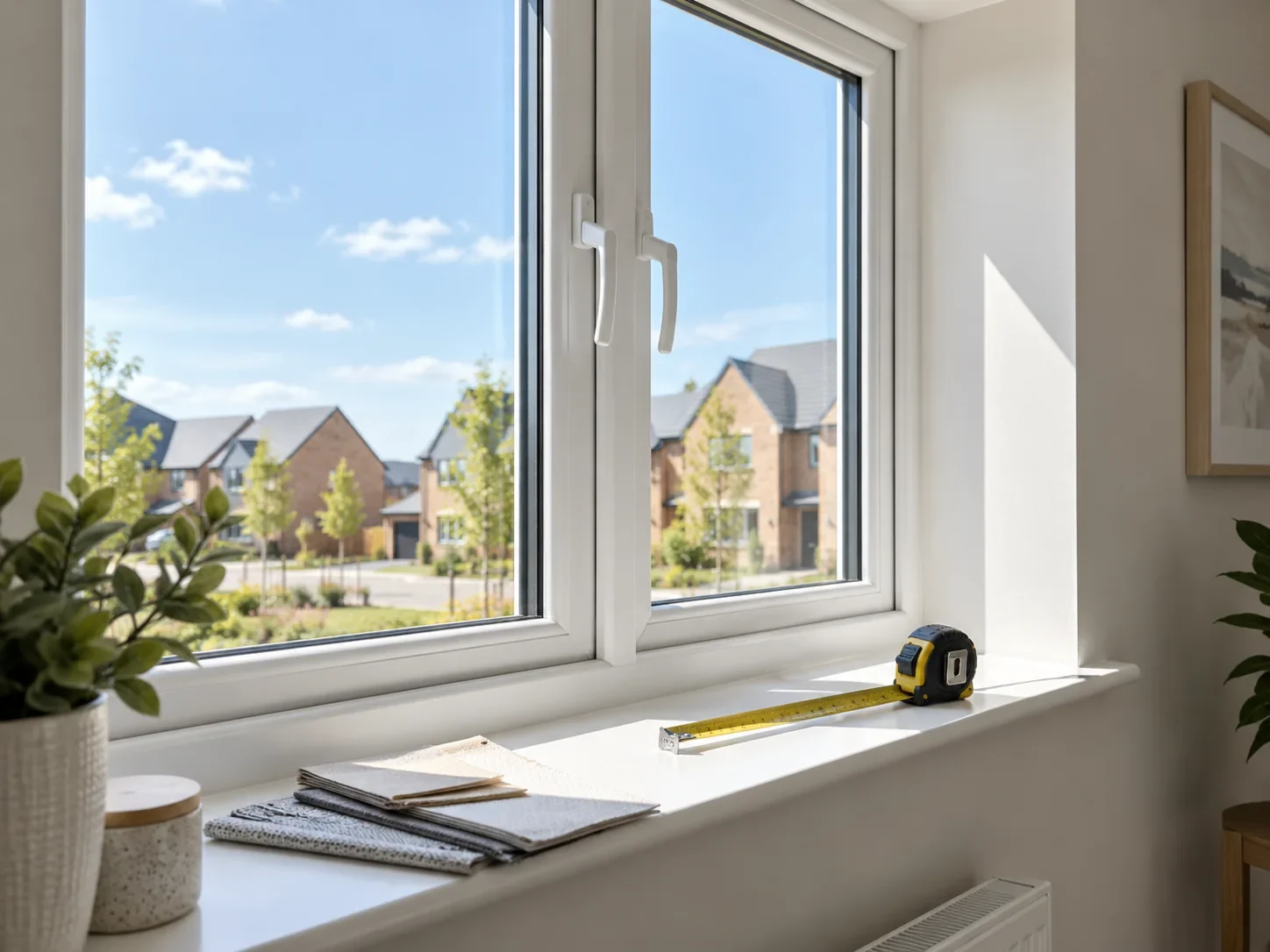 Tape measure and blind fabric swatches on a bright new-build window sill, showing window planning before ordering blinds