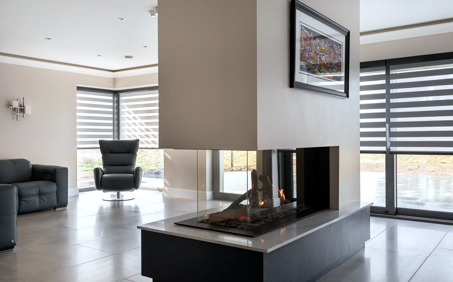 Finished modern living space with coordinated Day and Night blinds across several windows