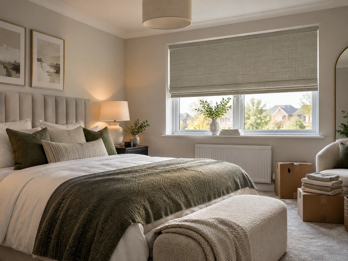 Calm new-build bedroom with a made-to-measure blind, illustrating bedroom privacy and blackout before moving in.