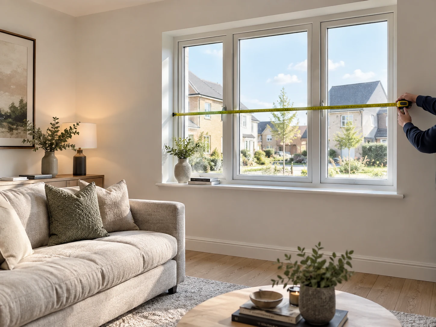 Bright new-build living room with a privacy-focused window treatment, illustrating front-room privacy before moving in.